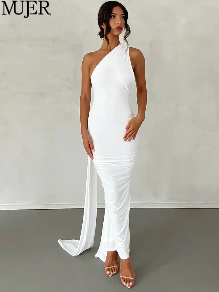One Shoulder Backless Adjustable Scarf Loop Ruched Maxi Dress