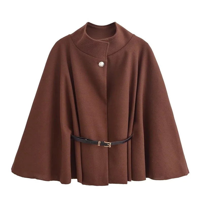 Structured Belted High-Neck Cape Coat