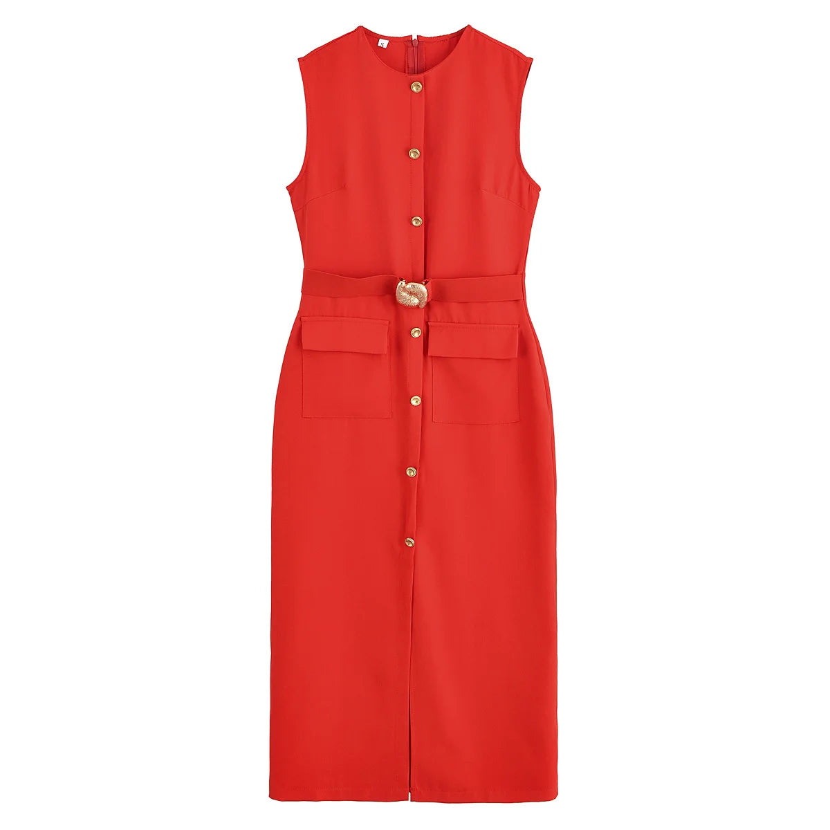 Sleeveless Belted Button-Front Midi Dress