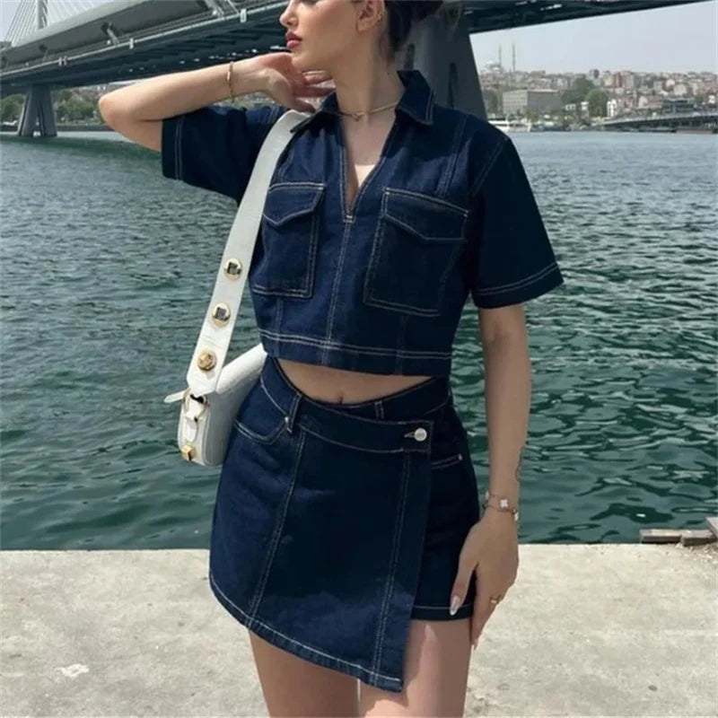 Denim Cropped Shirt and Skort Two-Piece Set