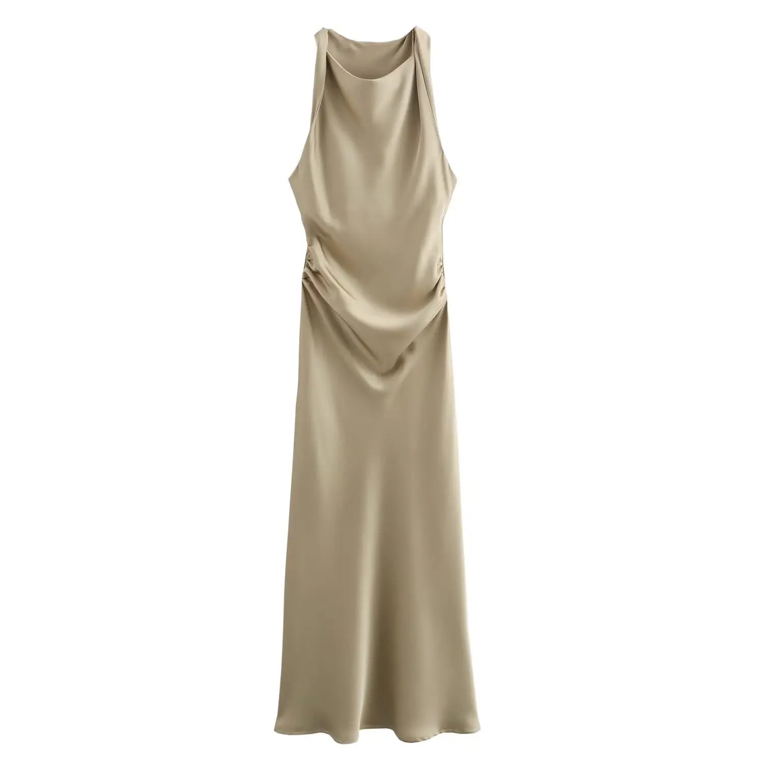Satin Ruched O-Neck Sleeveless Long Dress