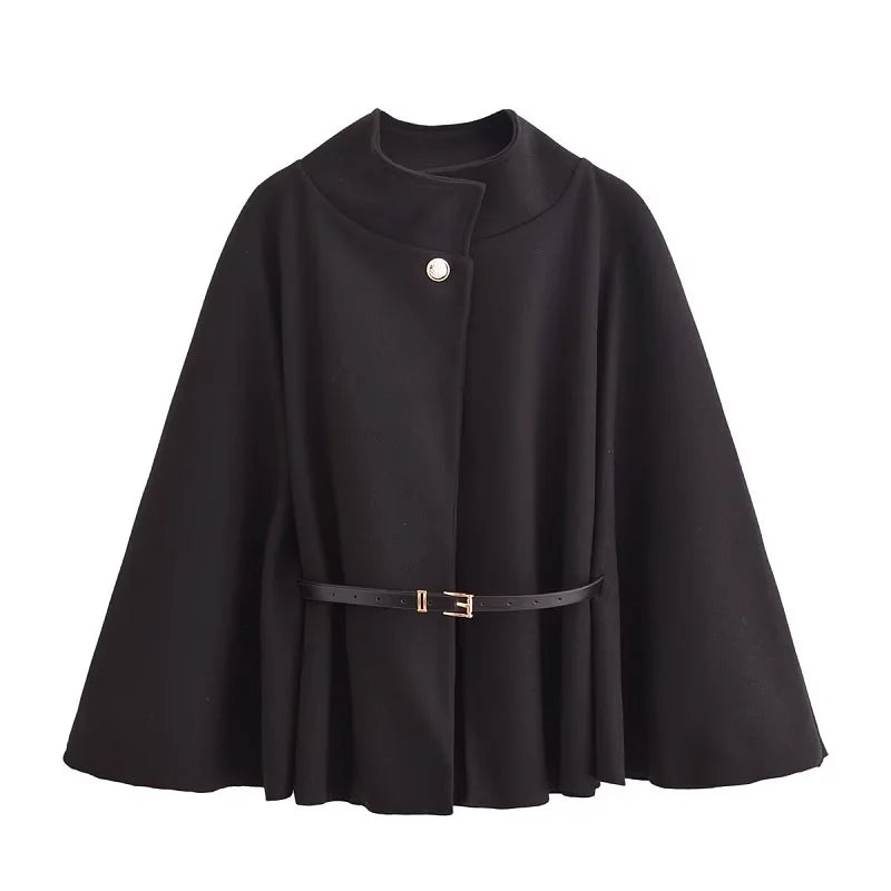 Structured Belted High-Neck Cape Coat