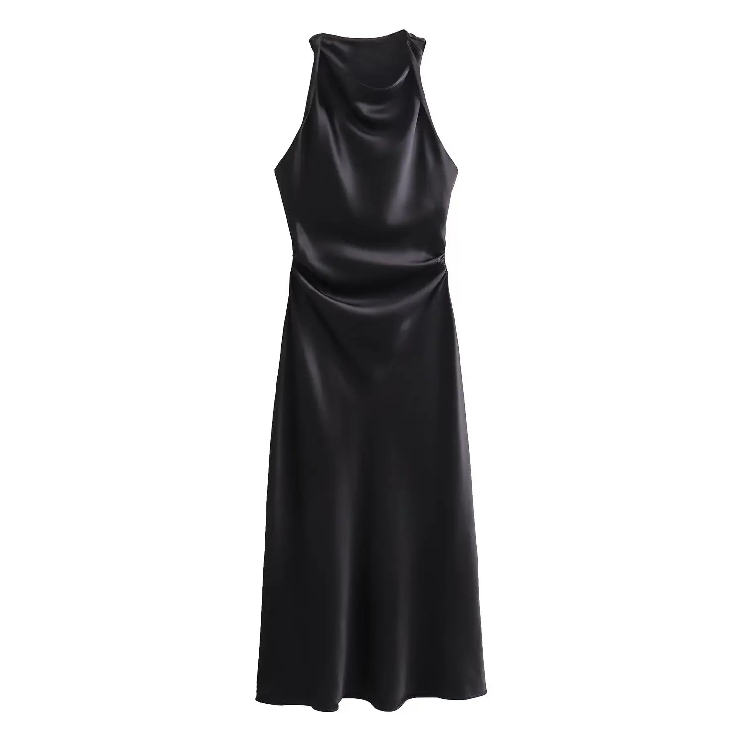 Satin Ruched O-Neck Sleeveless Long Dress