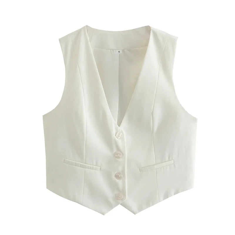 Tailored V-Neck Cropped Vest with Button Detail