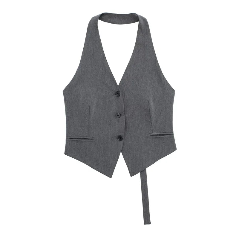 Off-Shoulder Cropped Vest with V-Neck – Sleeveless Tailored Waistcoat