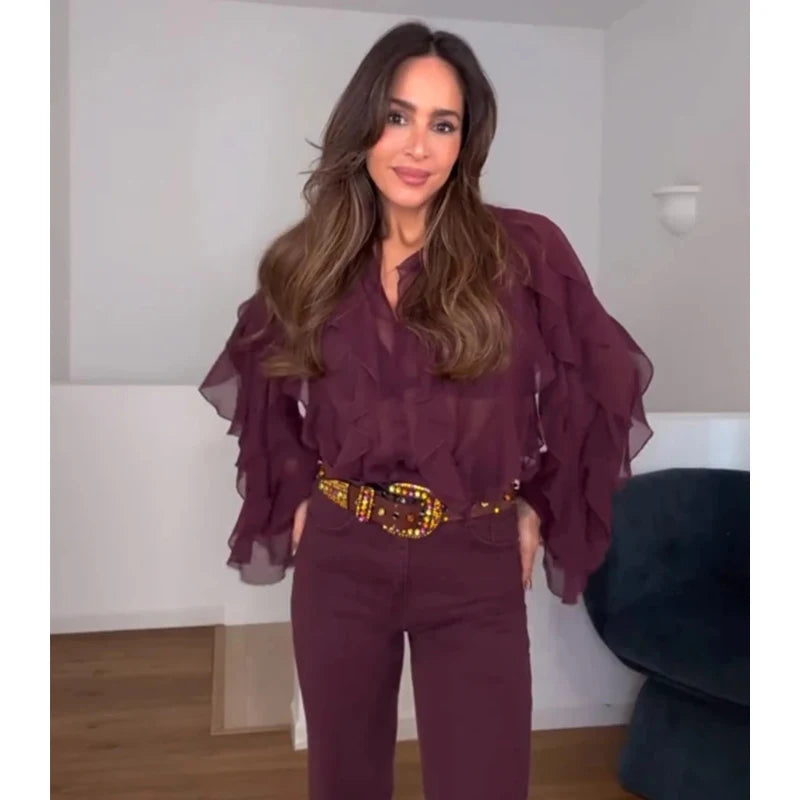 Ethereal Ruffle Semi-Sheer Chiffon Blouse