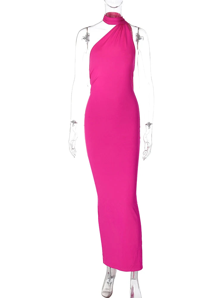Pink halter neck dress on a mannequin against a white background