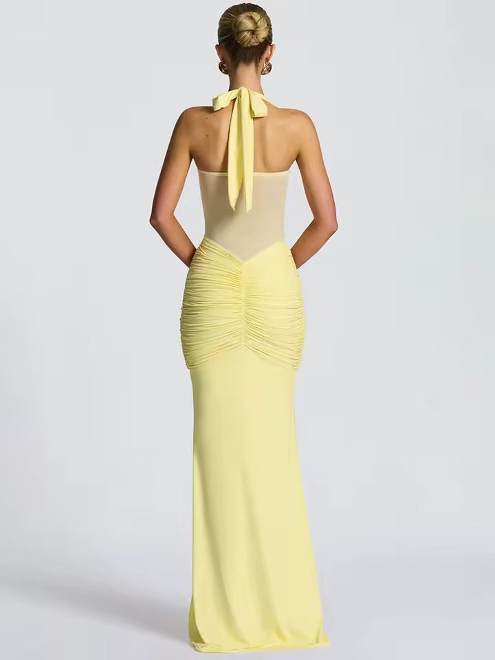 Halter Mesh Patchwork Maxi Dress with Ribbon Detail
