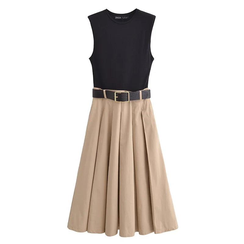 Belted Pleated Sleeveless Midi Dress