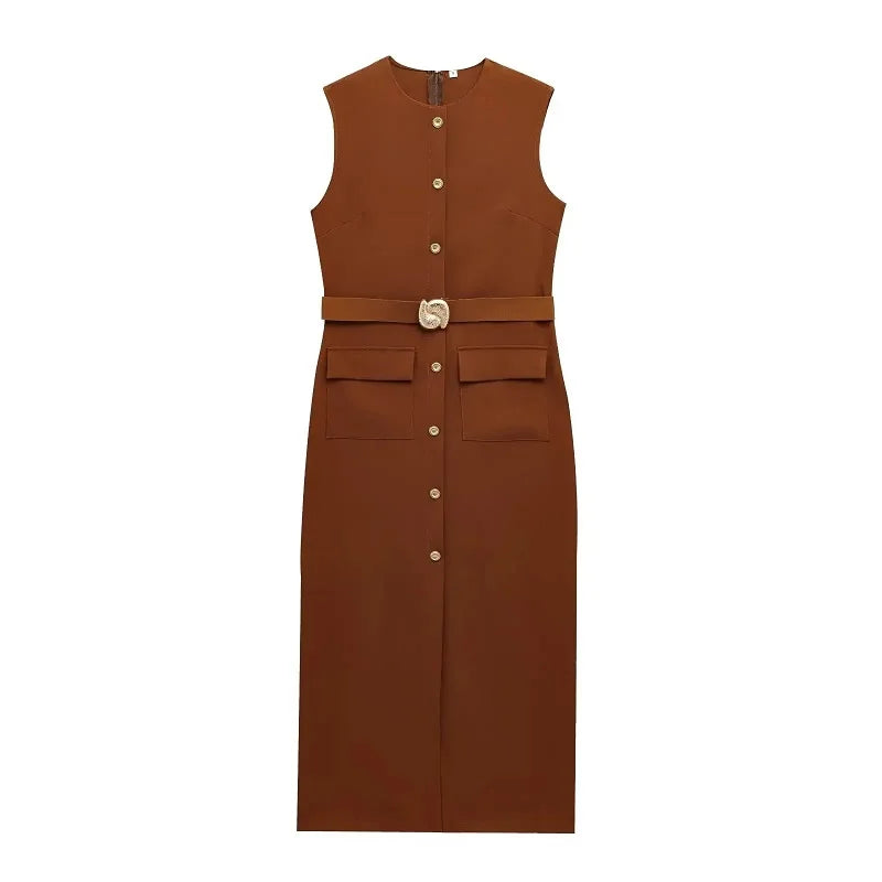 Sleeveless Belted Button-Front Midi Dress