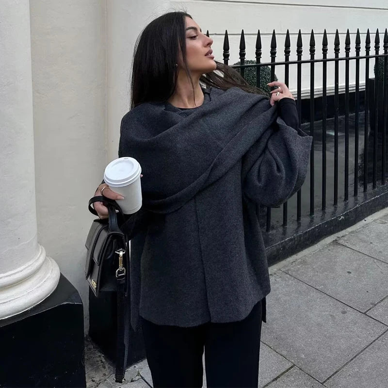 Plush Asymmetric Scarf Collar Winter Coat – Padded Long Sleeve Jacket