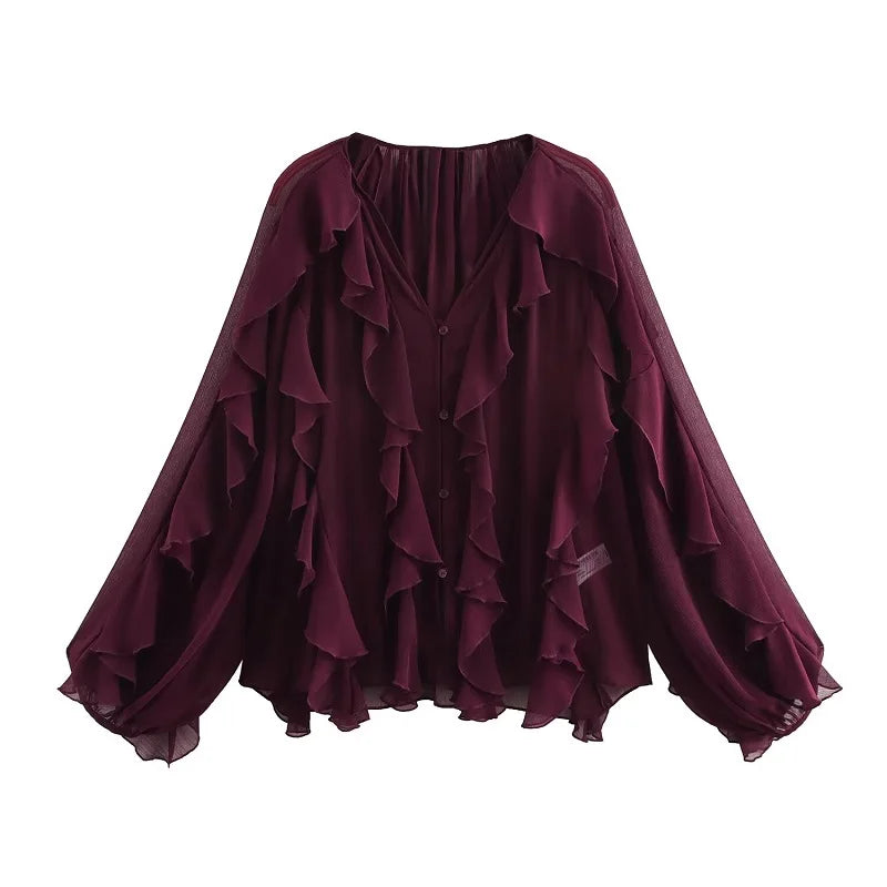 Ethereal Ruffle Semi-Sheer Chiffon Blouse