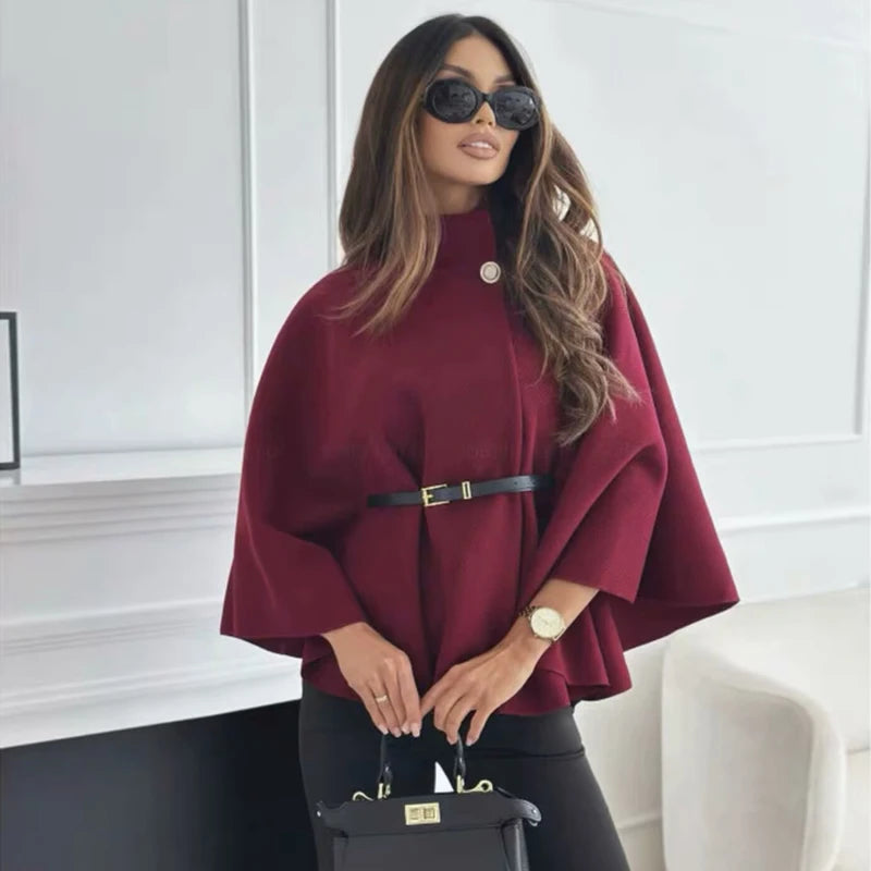Structured Belted High-Neck Cape Coat
