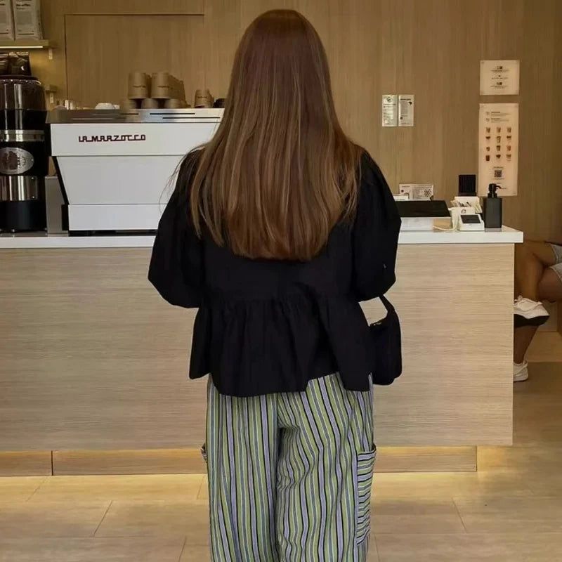 Ruched Crop Blouse with Puff Sleeves and Ruffle Detail