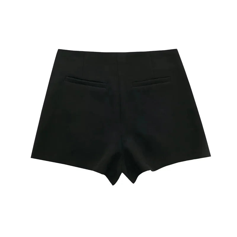 Asymmetric Black Mini Skort – High Waist Shorts with Skirt Overlay