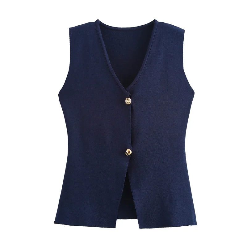 Cropped V-Neck Knit Button Vest