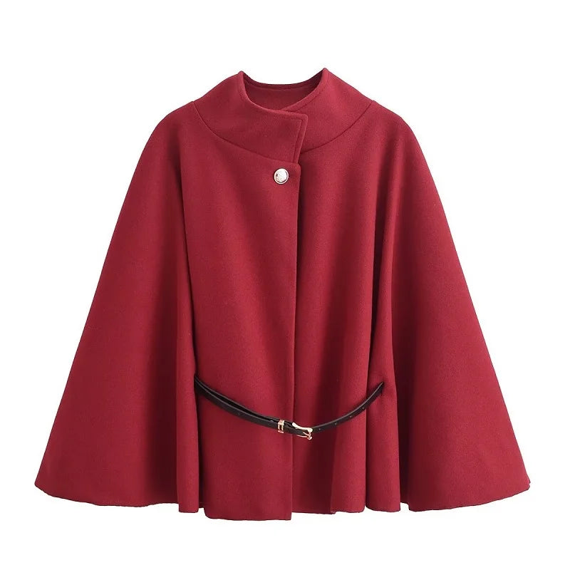 Structured Belted High-Neck Cape Coat