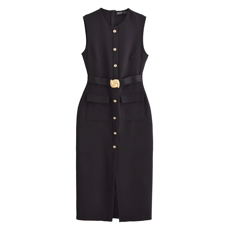 Sleeveless Belted Button-Front Midi Dress
