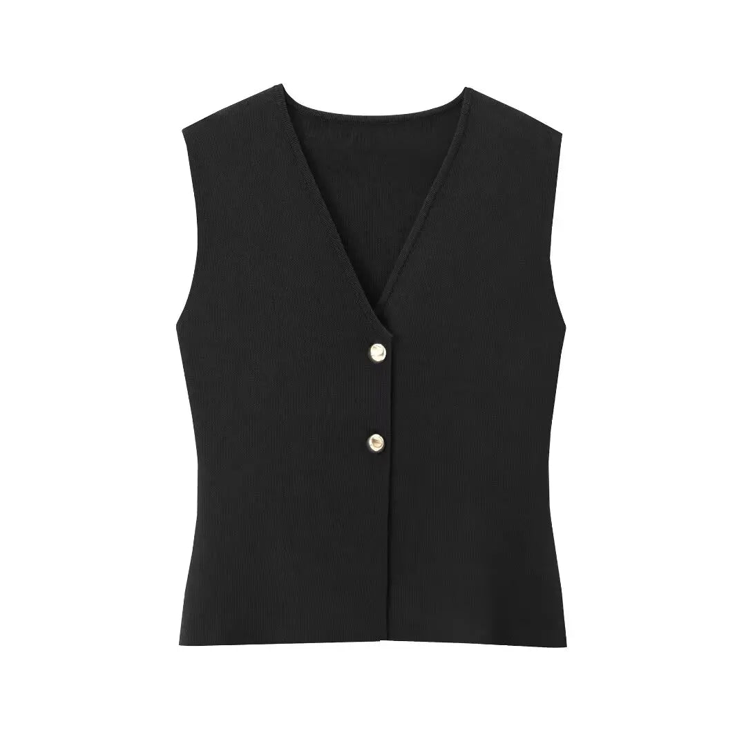 Cropped V-Neck Knit Button Vest