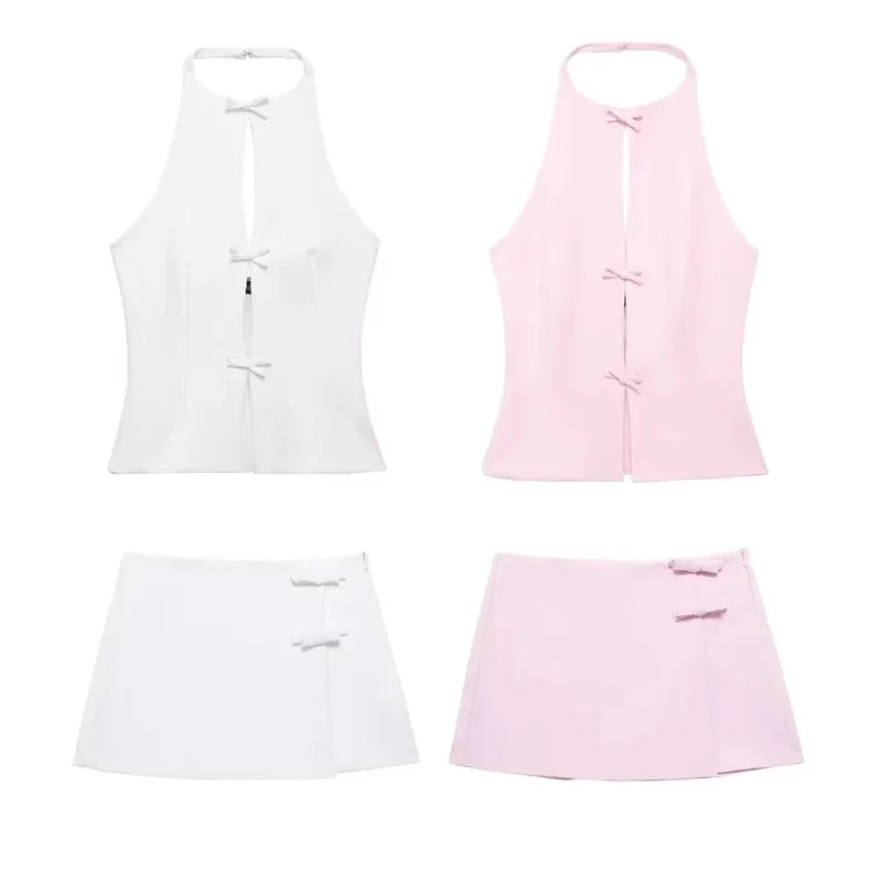 Off-Shoulder Halter Crop Top & Matching Mini Skirt – Bow Detail Separates