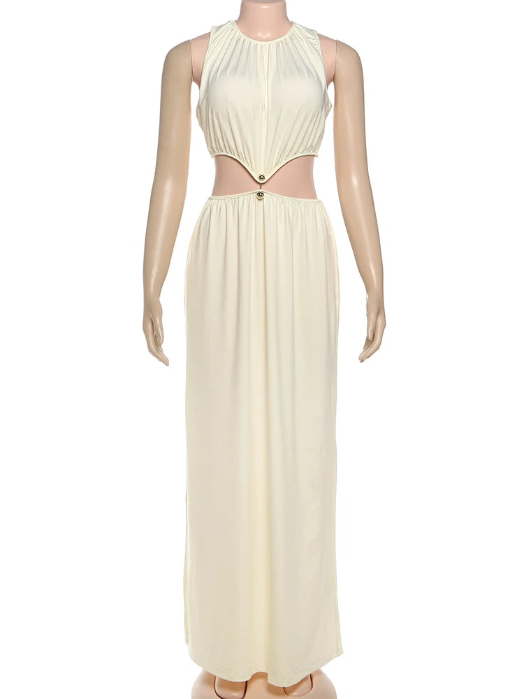 Beige sleeveless dress on a mannequin against a white background