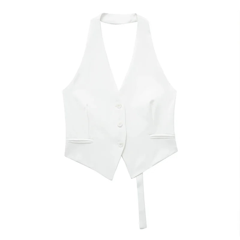 Off-Shoulder Cropped Vest with V-Neck – Sleeveless Tailored Waistcoat