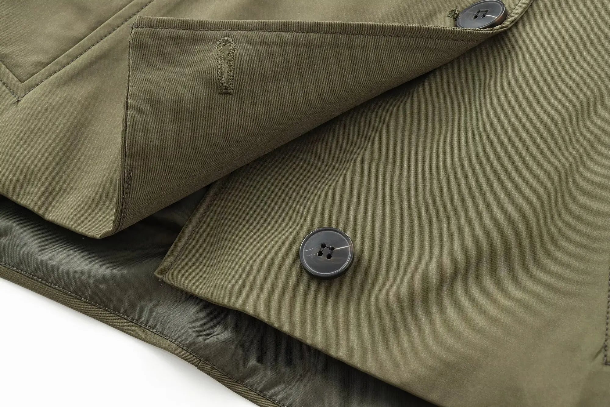 Close-up of a green jacket with buttons on a white background