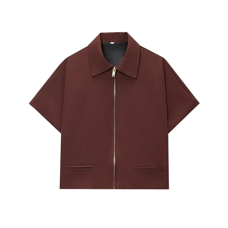 Cropped Varsity Zipper Jacket with Short Sleeves – Turn-Down Collar
