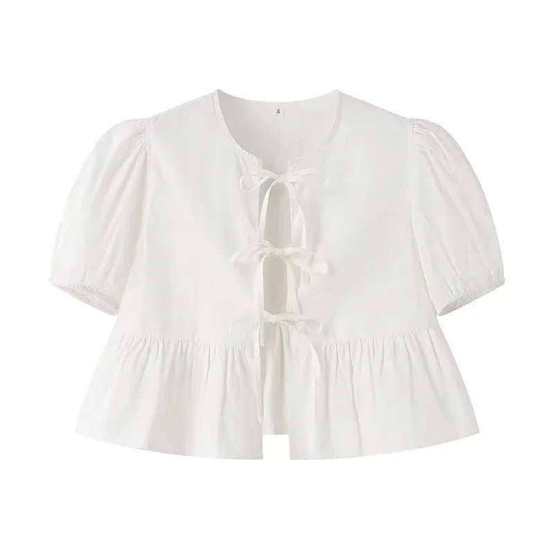 Ruched Crop Blouse with Puff Sleeves and Ruffle Detail