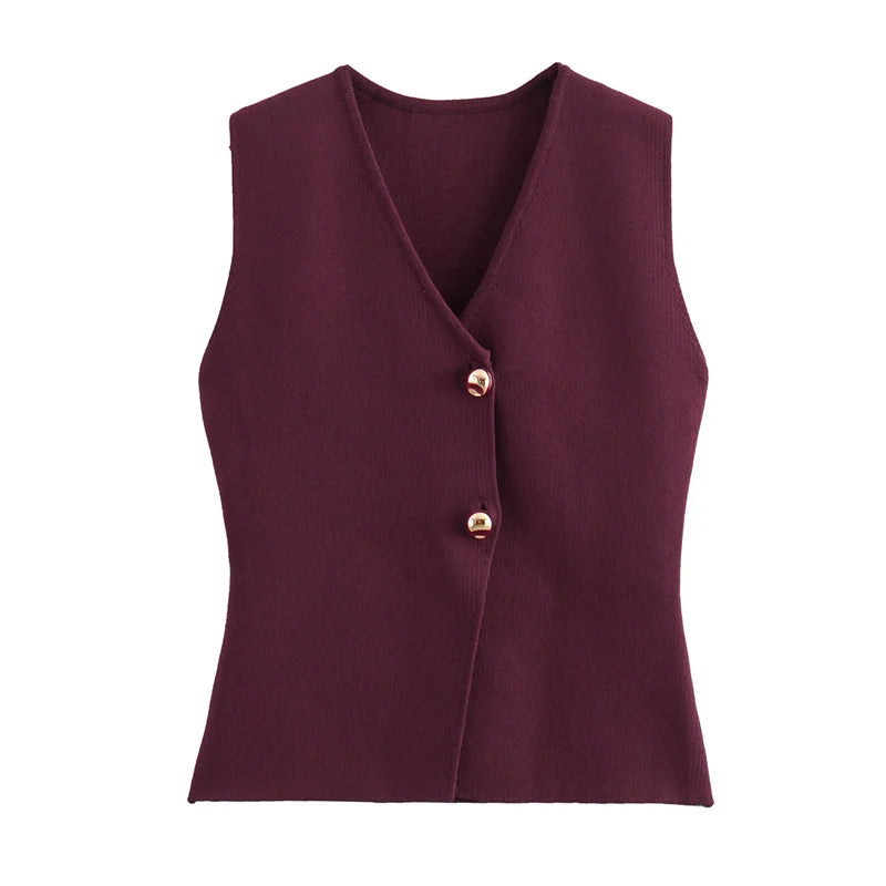 Cropped V-Neck Knit Button Vest