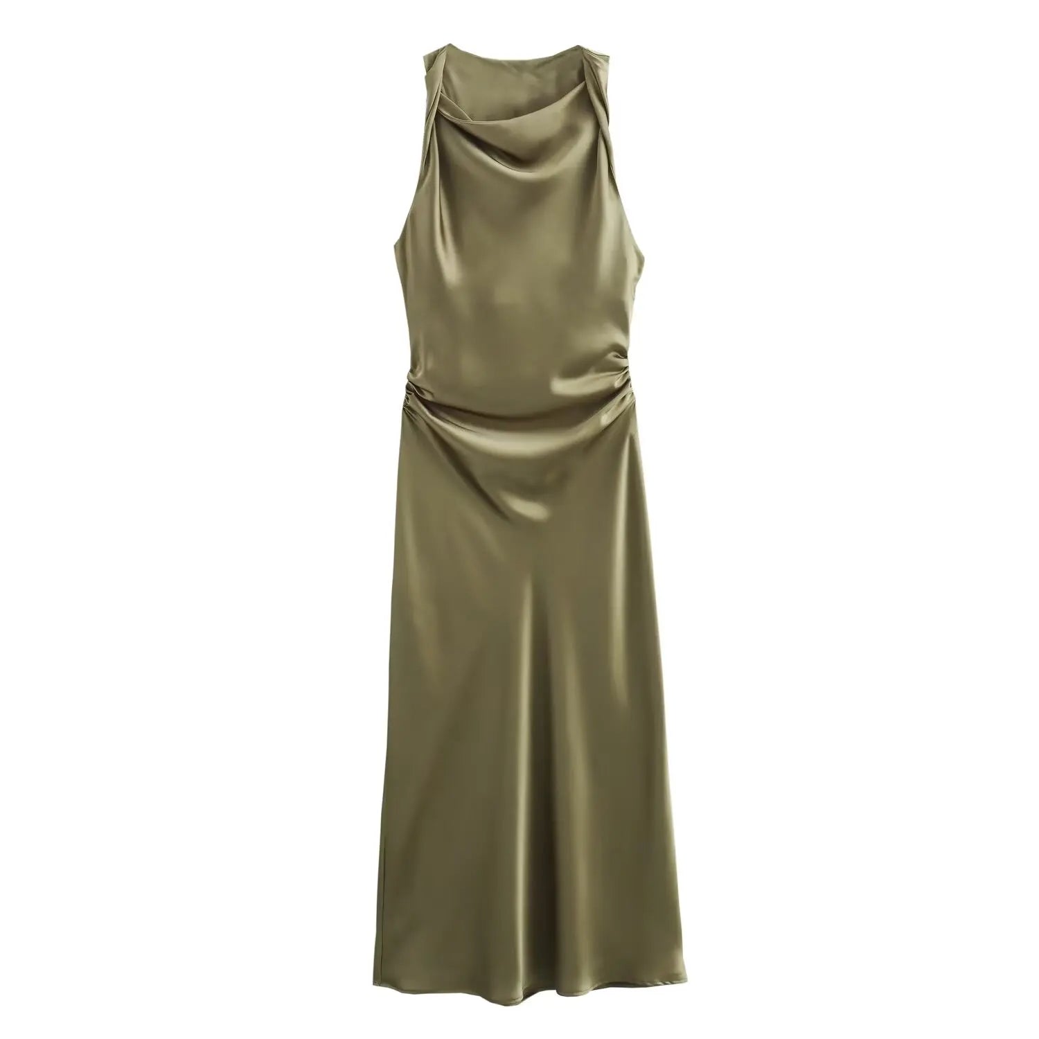Satin Ruched O-Neck Sleeveless Long Dress