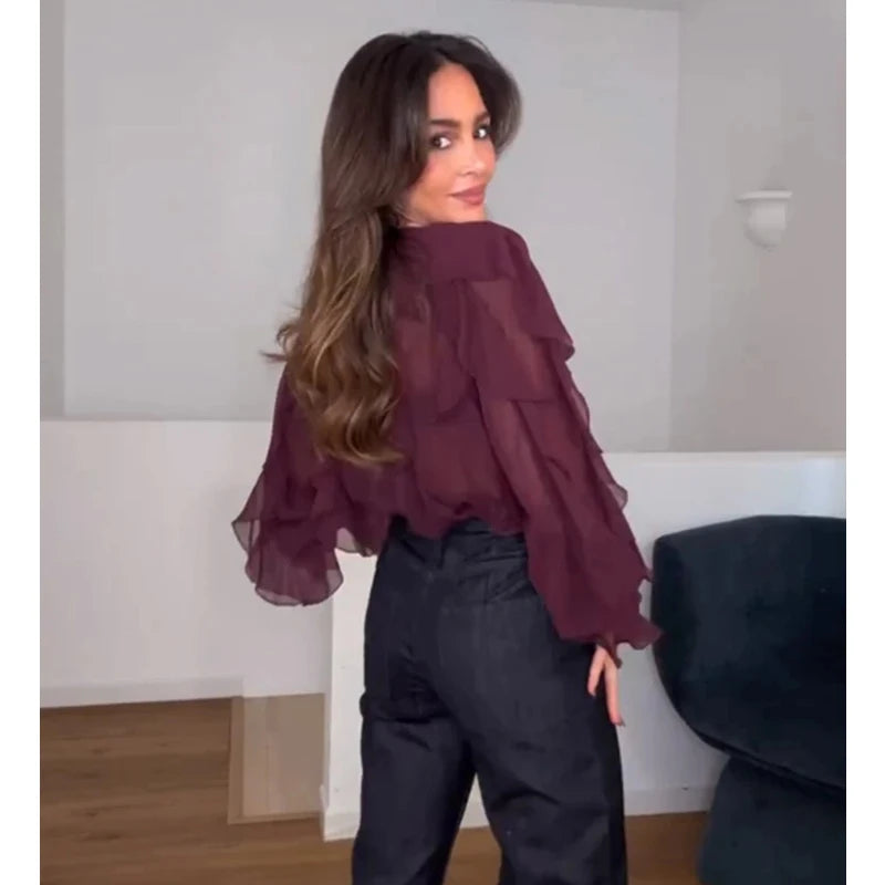 Ethereal Ruffle Semi-Sheer Chiffon Blouse