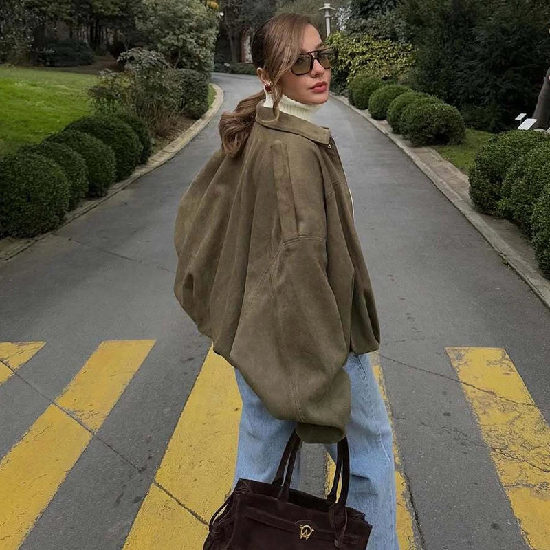 Chic Suede Oversized Bomber Jacket