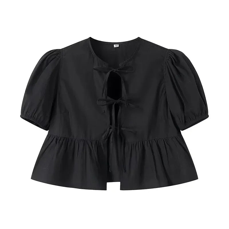 Ruched Crop Blouse with Puff Sleeves and Ruffle Detail
