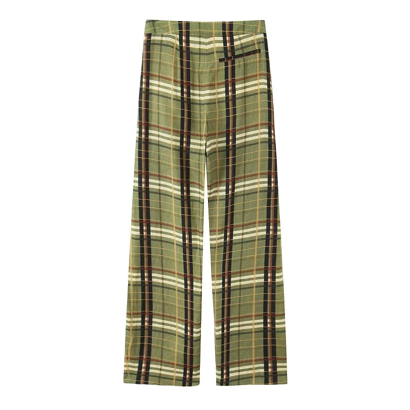 Plaid pants with green, brown, and beige colors on a white background
