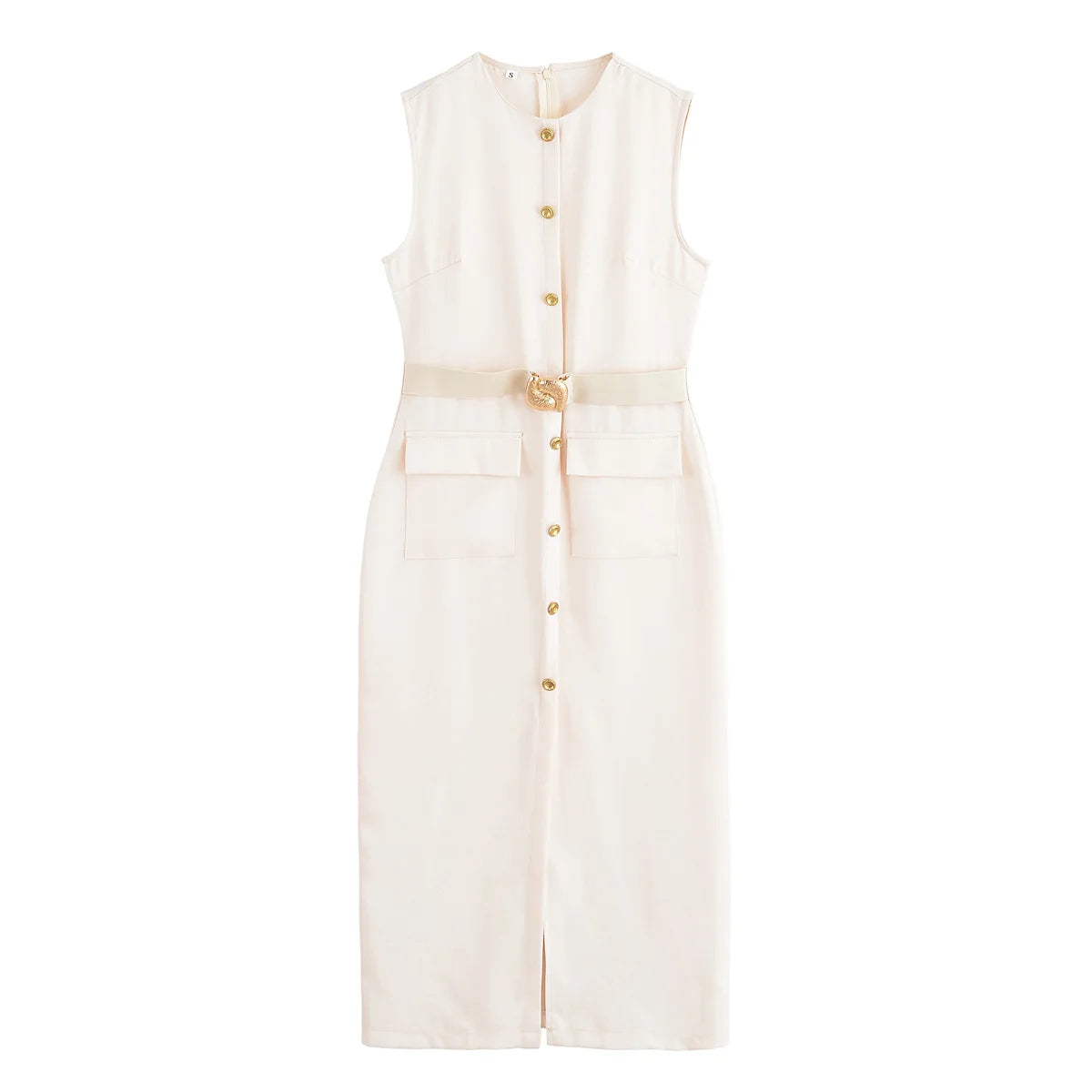 Sleeveless Belted Button-Front Midi Dress