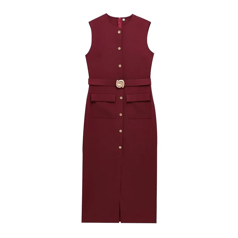 Sleeveless Belted Button-Front Midi Dress