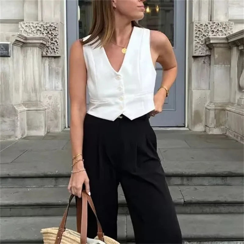 Tailored V-Neck Cropped Vest with Button Detail