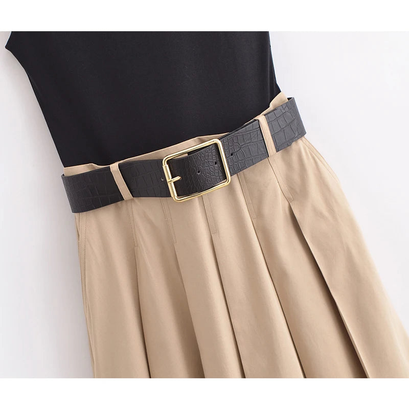 Belted Pleated Sleeveless Midi Dress