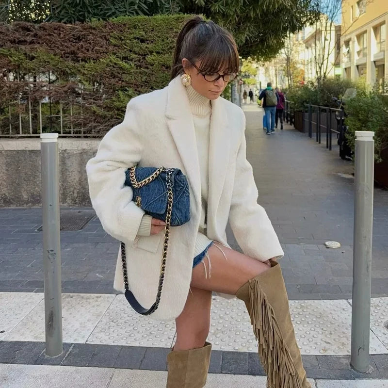 Long Faux Fur Straight Blazer Coat