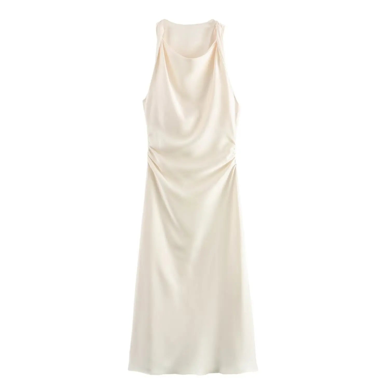 Satin Ruched O-Neck Sleeveless Long Dress