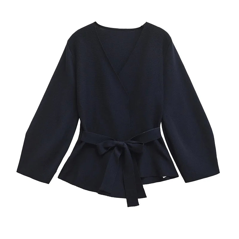 Belted Wrap Knit Blazer with Shoulder Pads