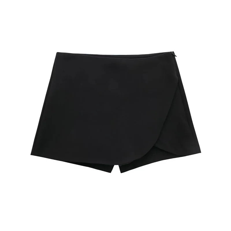 Asymmetric Black Mini Skort – High Waist Shorts with Skirt Overlay