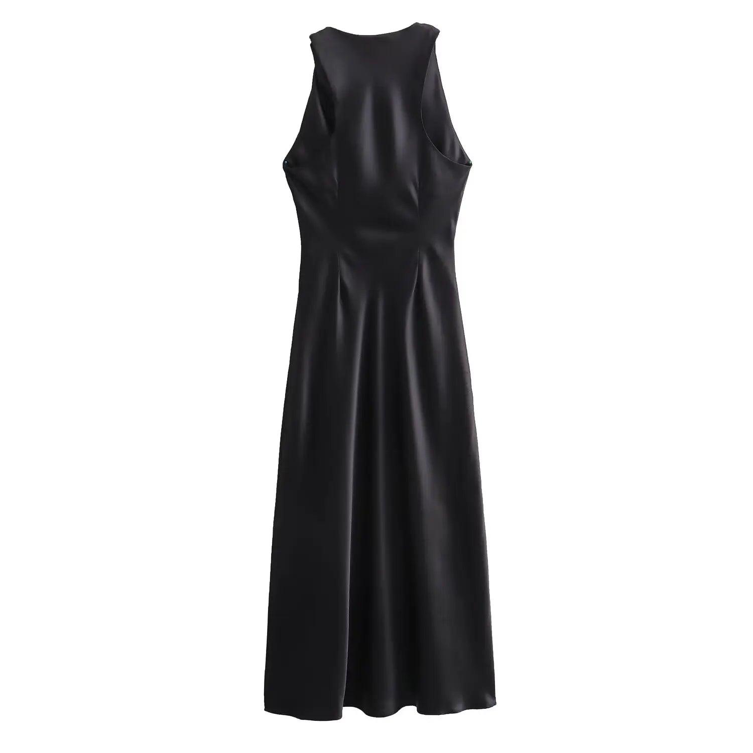 Satin Ruched O-Neck Sleeveless Long Dress