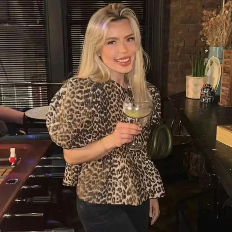 Ruched Crop Blouse with Puff Sleeves and Ruffle Detail