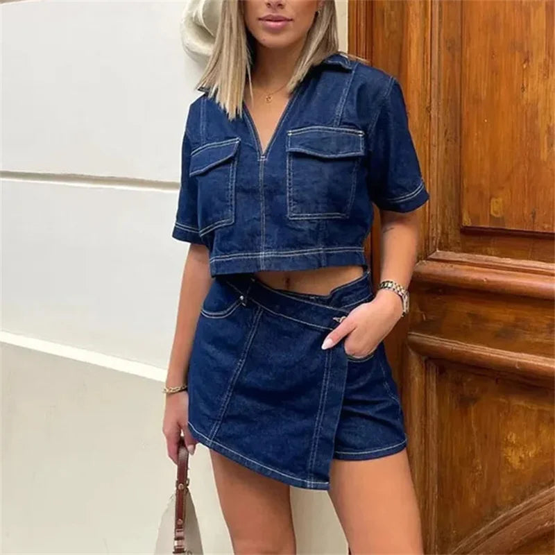 Denim Cropped Shirt and Skort Two-Piece Set