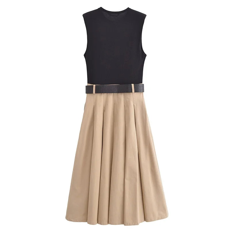 Belted Pleated Sleeveless Midi Dress