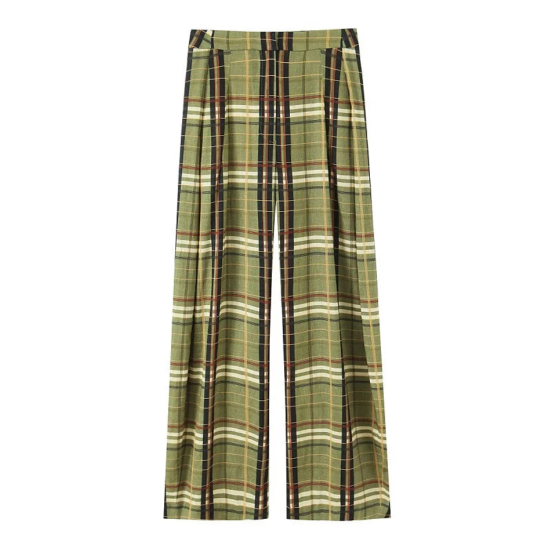 Plaid pants with green, brown, and white pattern on a white background