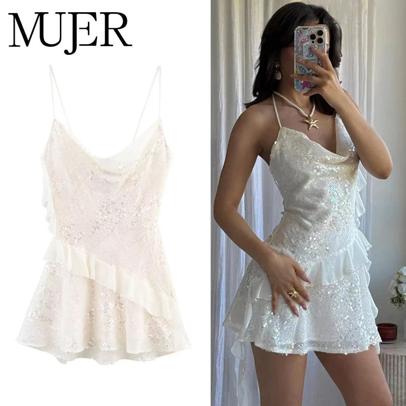 White lace dress with 'MUJER' branding on a plain background