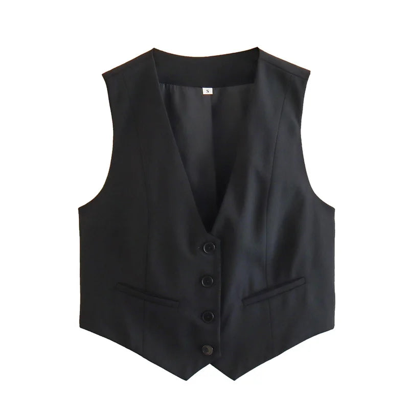 Tailored V-Neck Cropped Vest with Button Detail